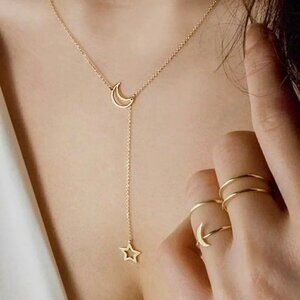 NWT Dainty 14K Gold Plated Star Moon Pendant Lariat Y-Shaped Necklace Thin Chain